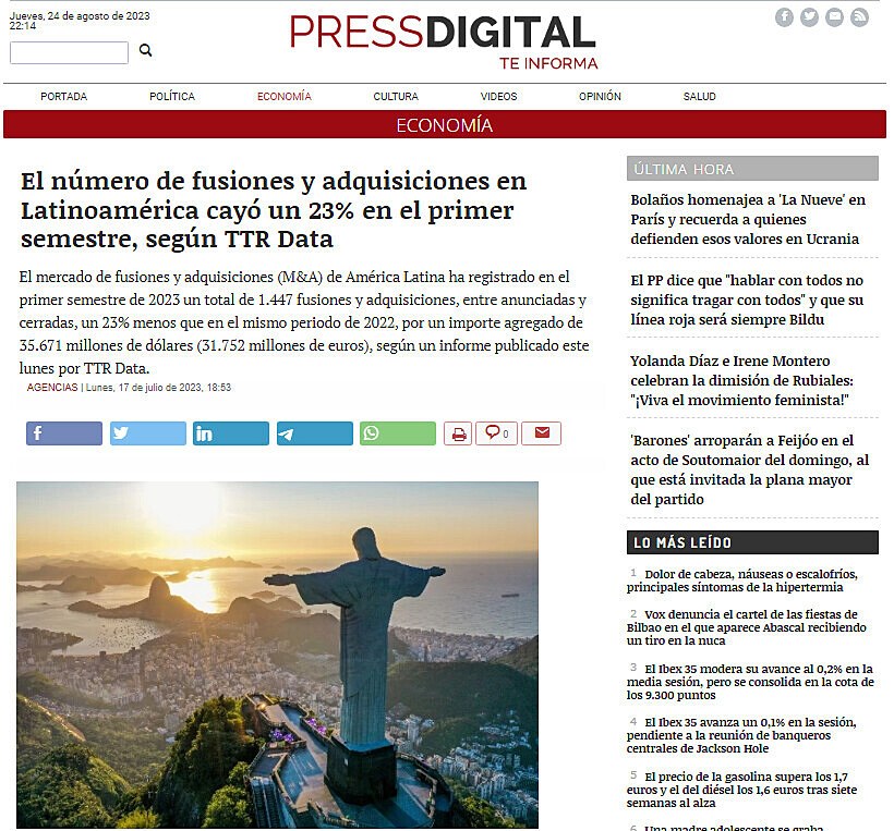 El nmero de fusiones y adquisiciones en Latinoamrica cay un 23% en el primer semestre, segn TTR Data